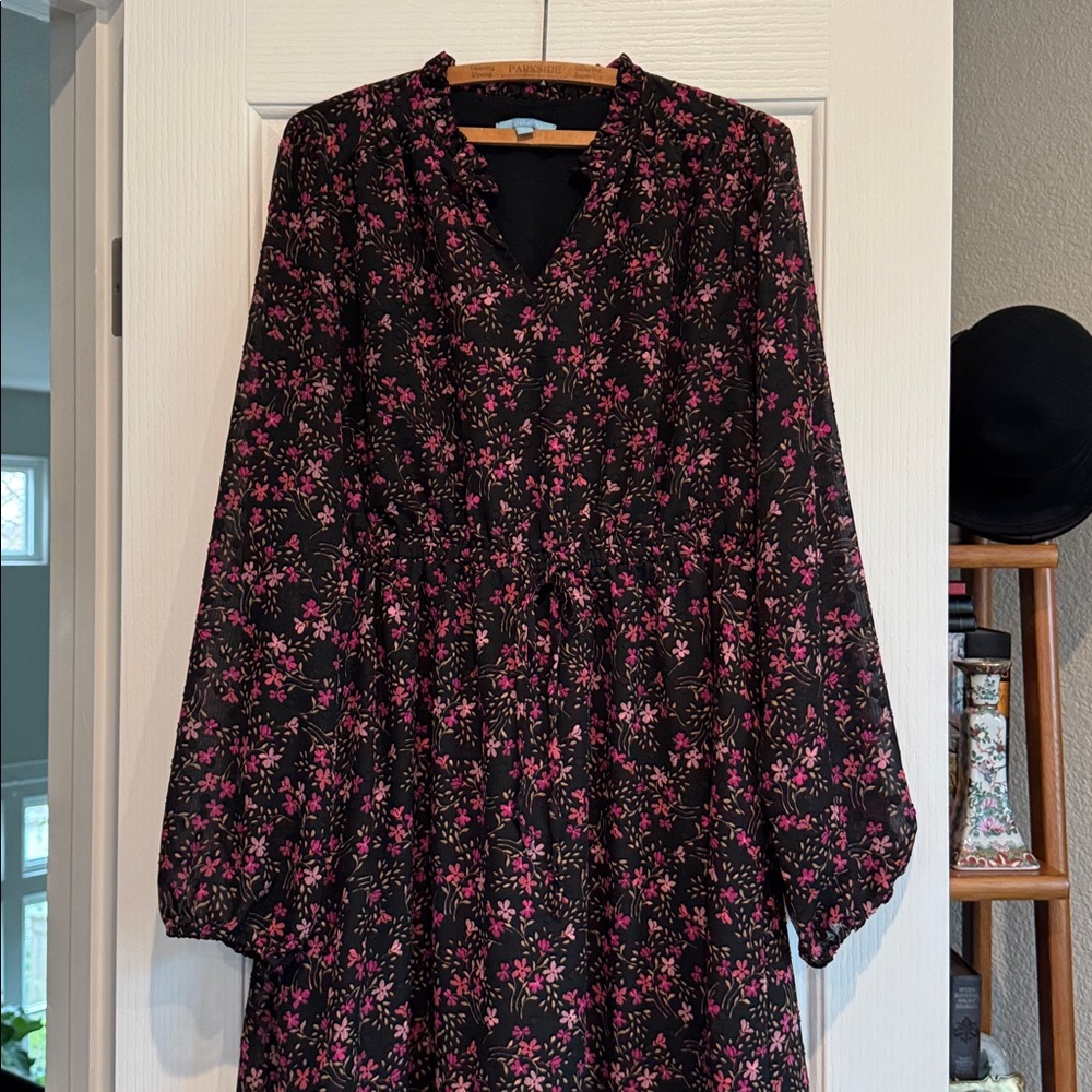 Draper James RSVP Black & Pink Floral Long Sleeve Lined Dress EUC - XL